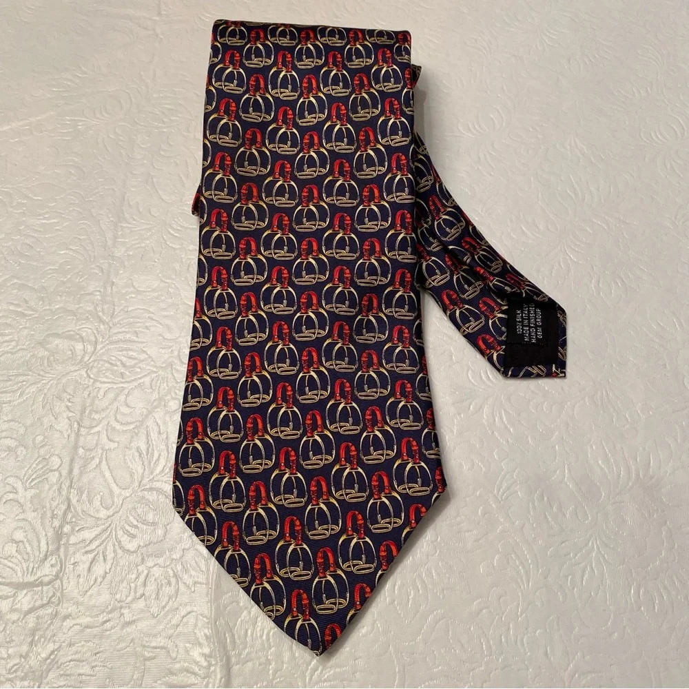 Paolo Gucci Equestrian Navy Blue Red Gold Saddle Stirrups Men’s 100% Silk Tie - Picture 1 of 6